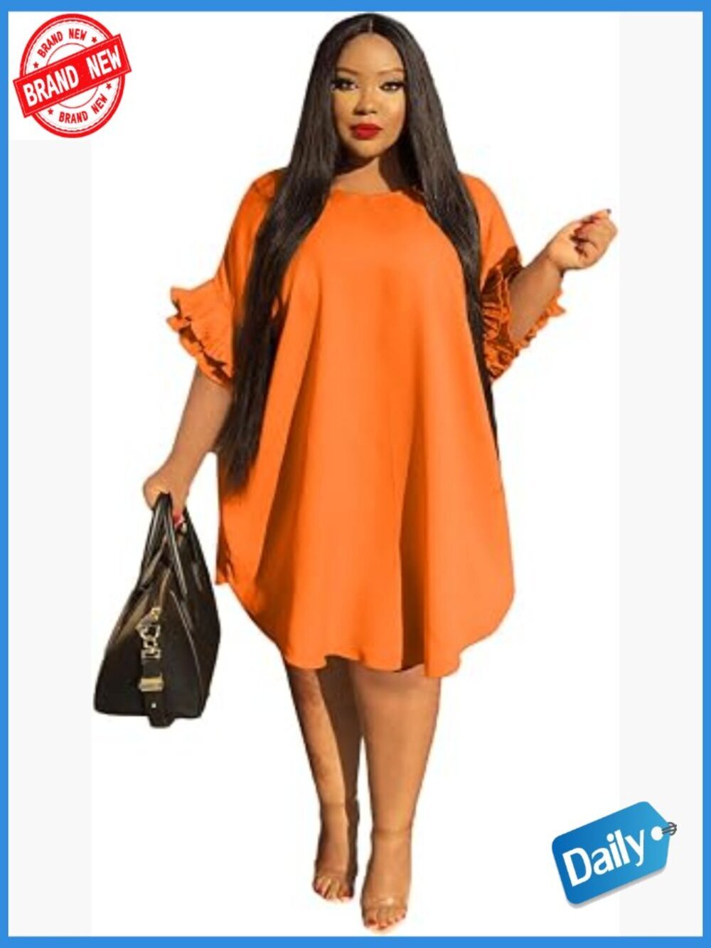 Plus Size Swing Dress with Ruffle Sleeves, Scoop Neck, Knee Length, Lightweight